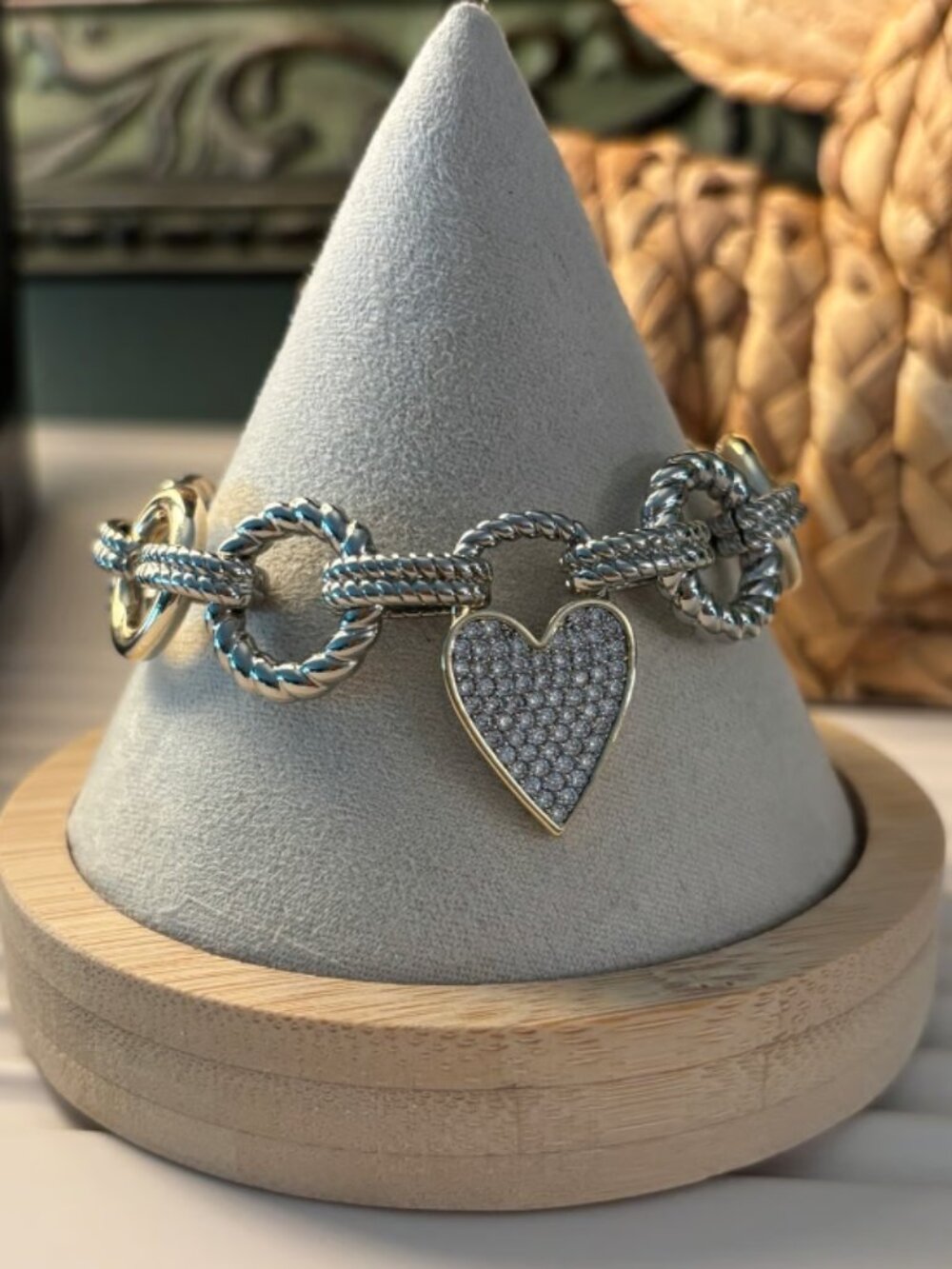 Mixed Metal CZ Heart Toggle Bracelet